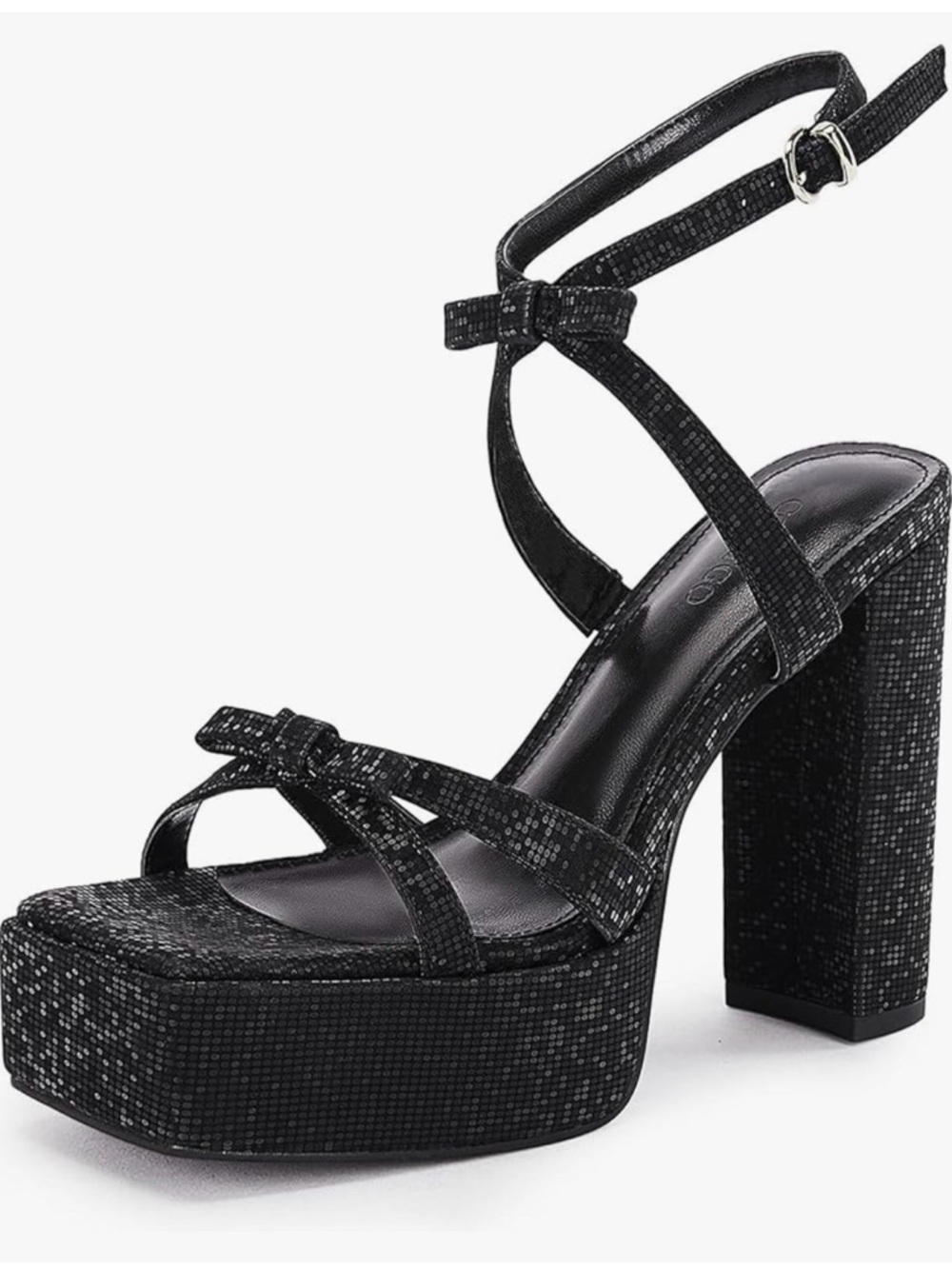 Black Glitter Platform Block Heel Sandals